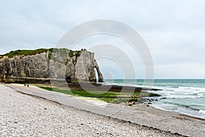 The beach and stone cliffs in Etretat, France