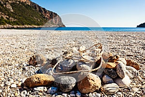 Beach stone fireplace with rope