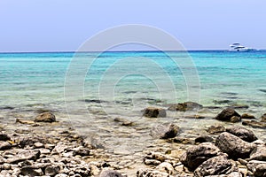 Beach and stone with wave blue sea at koh rok, krabi, thailan