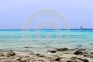 Beach and stone with wave blue sea at koh rok, krabi, thailan