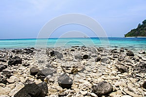Beach and stone with wave blue sea at koh rok, krabi, thailan