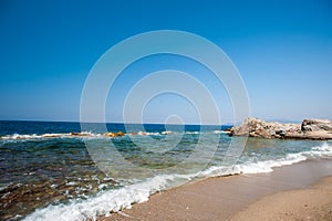 Beach, Stones, sea, sand. Quiet vacation by the water.