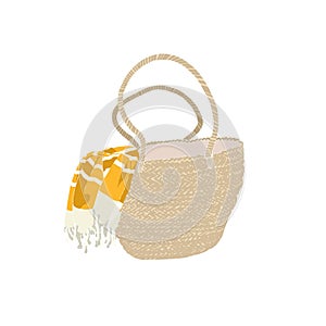 Beach straw bag with towel. Rattan basket tote bag with pestemal. Set of Abstract feminine vector illustrations. Summer