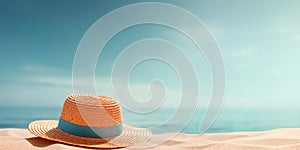 Beach straw hat on sand on sea shore on blue water and sky background with copy space. Summer vacation or holiday concept. Created