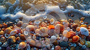 A beach strewn with colorful shells and intricate patterns left by the retreating tide photo