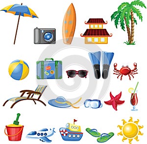 Beach stuff for summer travel set. Vacation accessories for sea holidays. Female items. Tourists objects bundle