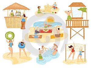 Beach summer activities set of isolated vector illustration, people on sea, fun and active sport, vacation beach