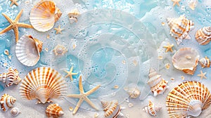 Beach Summer Background With Seashells and blue water