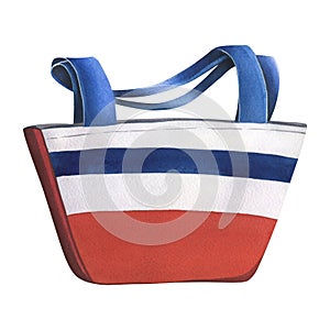 Beach, summer bag, fabric, striped red, blue and white. Watercolor illustration, hand drawn. Isolated object on a white