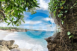 Beach summer with clouds, blue sky and palm tree. Beautiful tropical paradise for holiday and relax copy space