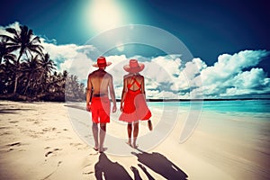 Beach summer couple on island vacation holiday, AI