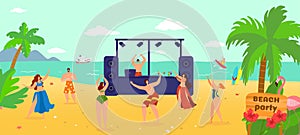 Beach summer dj music party, vector illustration. People character at tropical vacation, happy fun young girl man at