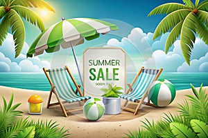 Beach Summer Sale Chairs, Umbrella, Ocean