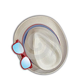 Beach summer straw hat, and trendy, stylish red / blue design glasses, design, youth, isolated close-up on a white background, top