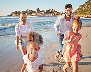 Beach, summer and travel with family running on sand in Mexico for vacation fun with kids. Happy mother and father bond