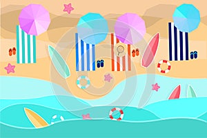 Beach in summer with water umbrellas towel waves lifebuoy surf and starfish on vacation
