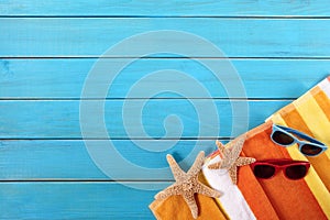 Beach sunbathing background, sunglasses, starfish, copy space