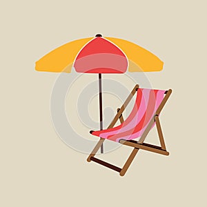 Beach sunbed with umbrella element in modern flat line style. Hand drawn vector illustration of summer, vacation, travel, trip, photo