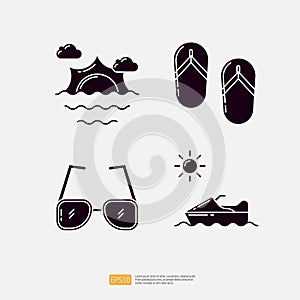 Beach Sunrise or Sunshine, Flip Flop Sandal, Sunglasses, Jet Ski. Summer Vacation Solid Glyph Icon Vector Illustration set