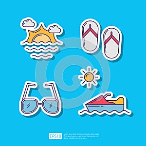 Beach Sunrise or Sunshine, Flip Flop Sandal, Sunglasses, Jet Ski. Summer Vacation Sticker Icon Vector Illustration set