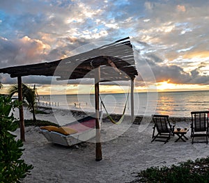 Beach sunset in a Boat Bed Canopy at Holbox Island, Mexico