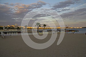 The beach at sunset in Cannes, France