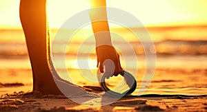 Beach, sunset and hands roll yoga mat to start workout, exercise or stretching. Zen, meditation and woman or female yogi