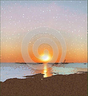 Beach Sunset Illustrated View