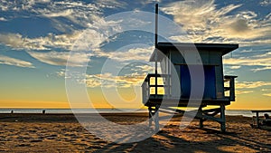 Beach sunset in Los Angeles with LifeGuard Tower