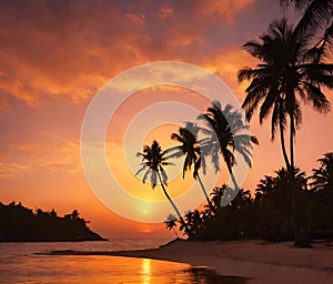 Beach sunset with palm trees in tropical paradise