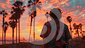 Beach Sunset, person listening to music on headphones, medium shot, seaside with palm trees and digital billboards