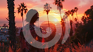 Beach Sunset, person listening to music on headphones, medium shot, seaside with palm trees and digital billboards