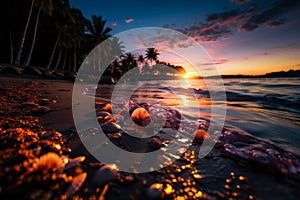 A beach sunset scene with a layer overlay of palm leaves and seashells, evoking a tropical and relaxing ambiance. Generative AI