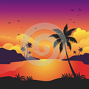 Beach sunset with silhouette of palm trees landscape background