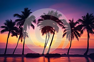 Beach sunset or sunrise with tropical palm trees