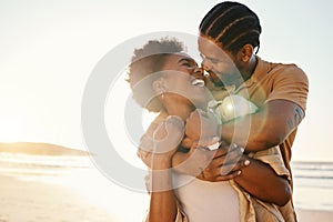 Beach sunset, sunshine or black couple hug, laugh and enjoy fun time together, funny joke or relationship humour in DRC