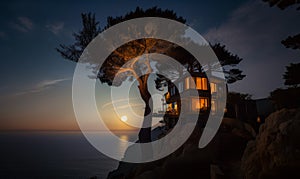 Beach sunset with tree and modern house. Night summer nature family home. Generative AI