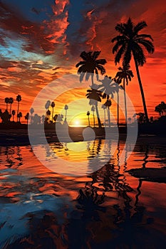 beach sunset with tropical palm trees silhouette