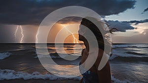 on the beach at sunset was walking on the beach, enjoying the sunset. She didn\'t notice the storm clouds or lighting strikes