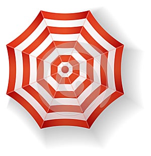 Beach sunshade. Red striped pattern parasol top view