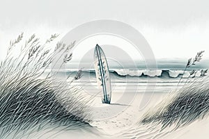 Beach Surfboard Standing In Sand, Dunes Grass In Foreground - Generative AI