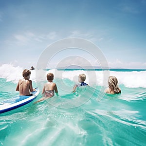 at the beach, surfers swiming in the sea and having fun in summer. Extreme sport and vacation concept. Father and