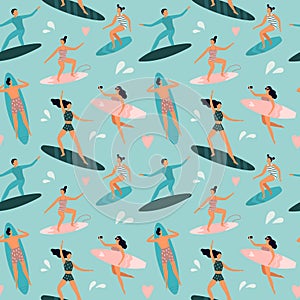 Beach surfing. Surfers with surfboards, surfer rides wave and summer outdoors surfboards seamless vector pattern