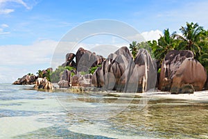 The beach and surrounding rocks at Anse Source d`Argent, La Digue, Seychelles