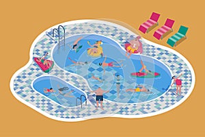 Beach swimming pool. Summer holiday. People diving or lying on inflatable mattresses. Ocean shore sand. Tourist resort