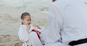 Beach, teaching karate or child training for martial arts, kung fu or learning fighting in fitness coaching. Strong