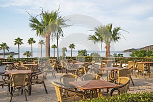 Beach thatched canopy in a tropical resort for summer holidays