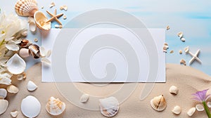 a beach-themed love proposal card with a flat lay composition featuring seashells, a message in a bottle