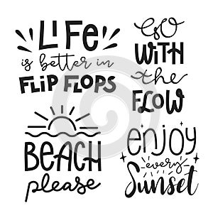 Beach themed set with hand drawn lettering compositions. Funny season slogans. Isolated calligraphy quotes for travel