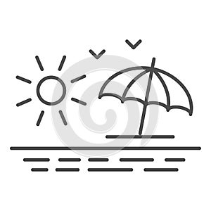 Beach thin line icon, Summer concept, sunrise sign on white background, sea view with umbrella, sun and seagulls icon in